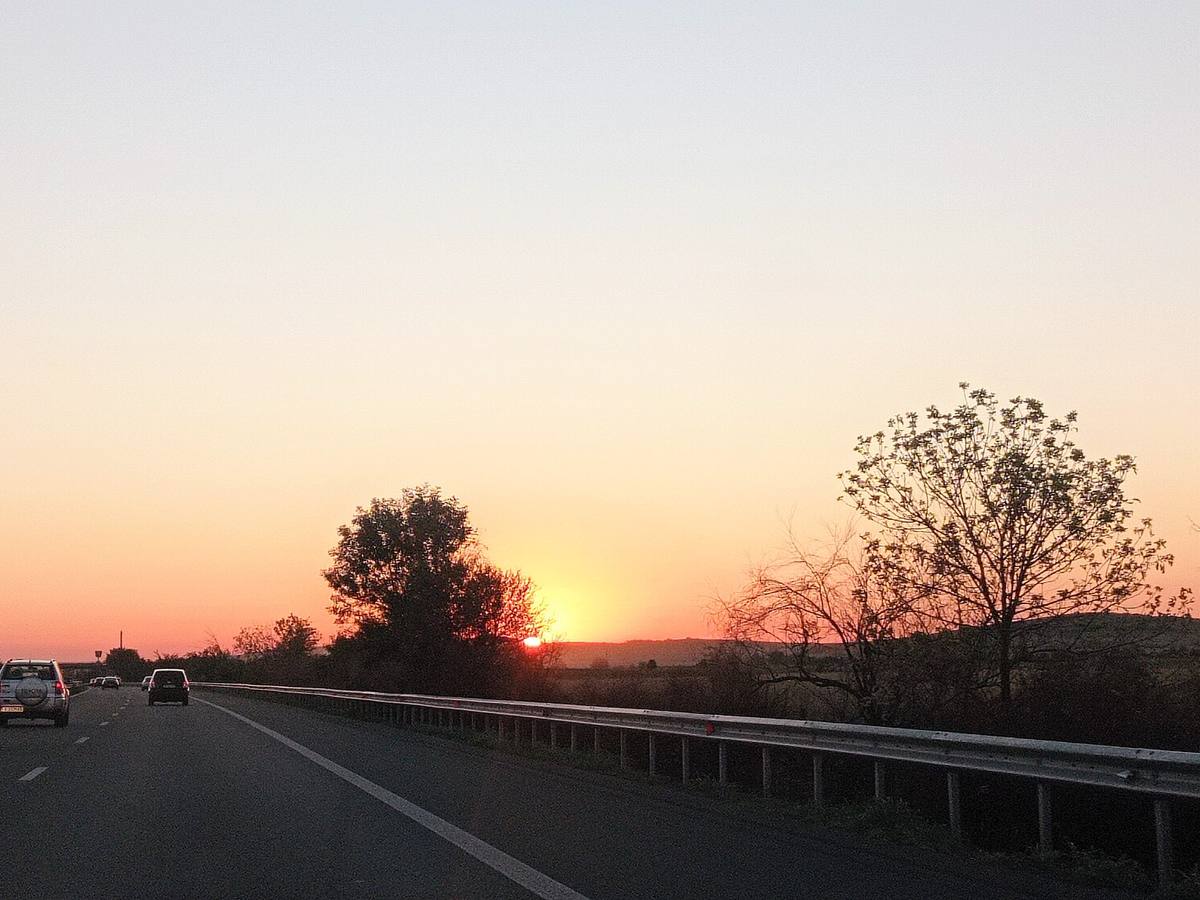 Cars travelling along the Trakia motorway in Bulgaria, the main east-west route that connects Sofia, Plovdiv, Stara Zagora, Karnobat and Burgas