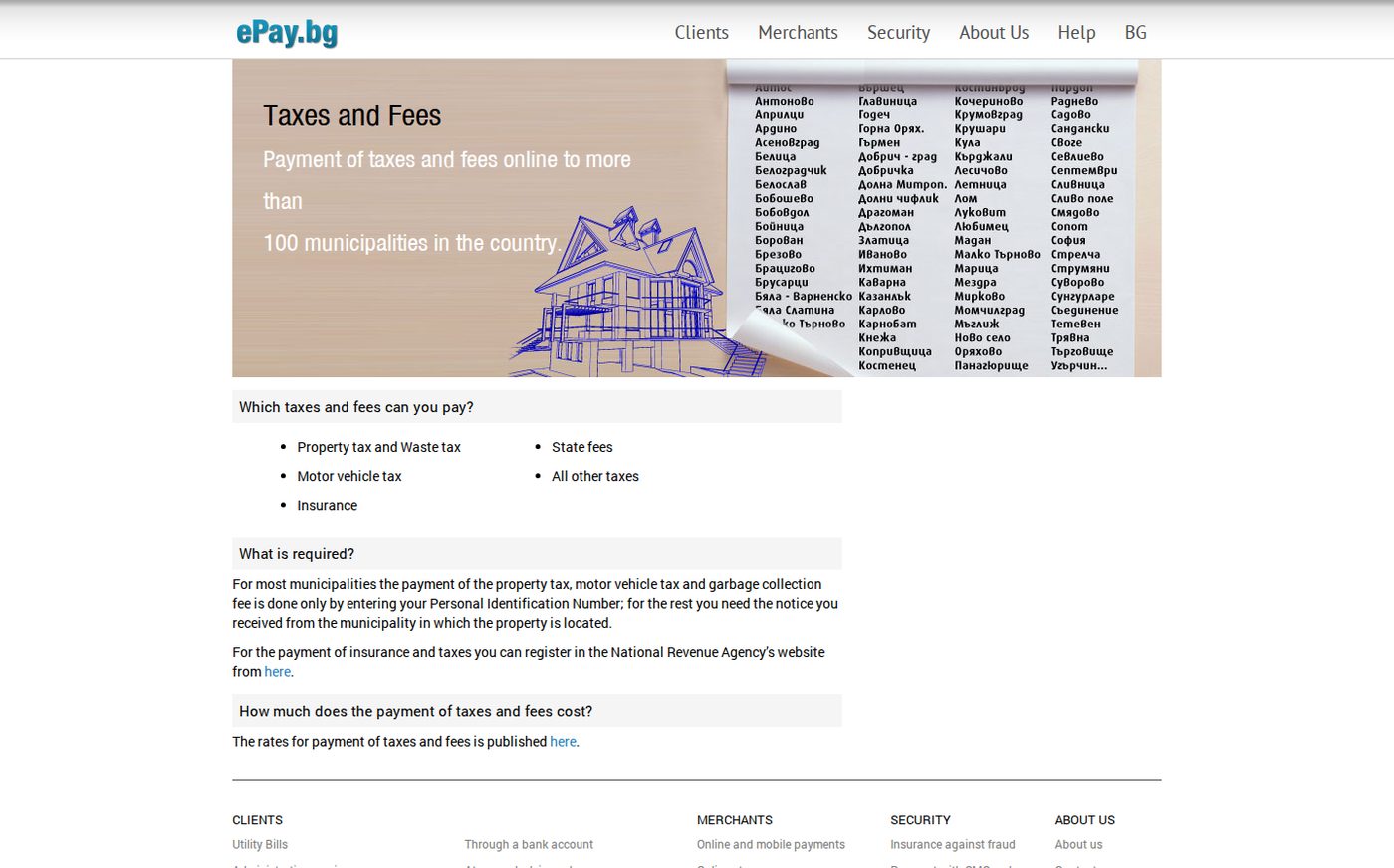 The ePay.bg taxes and fees page showing local tax payment options