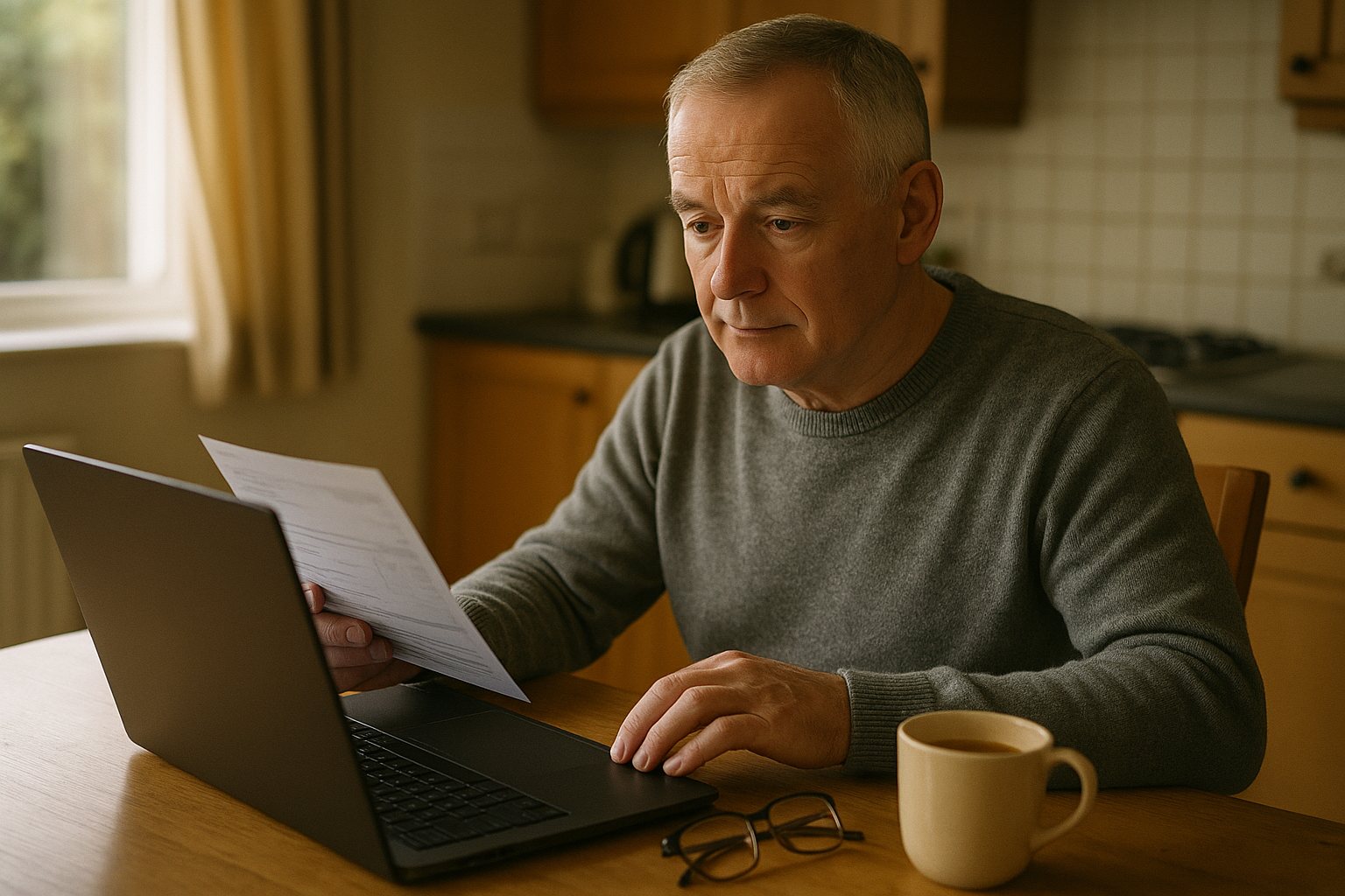 A British man in his sixties at a kitchen table comparing a paper utility bill against a laptop screen, paying a bill online