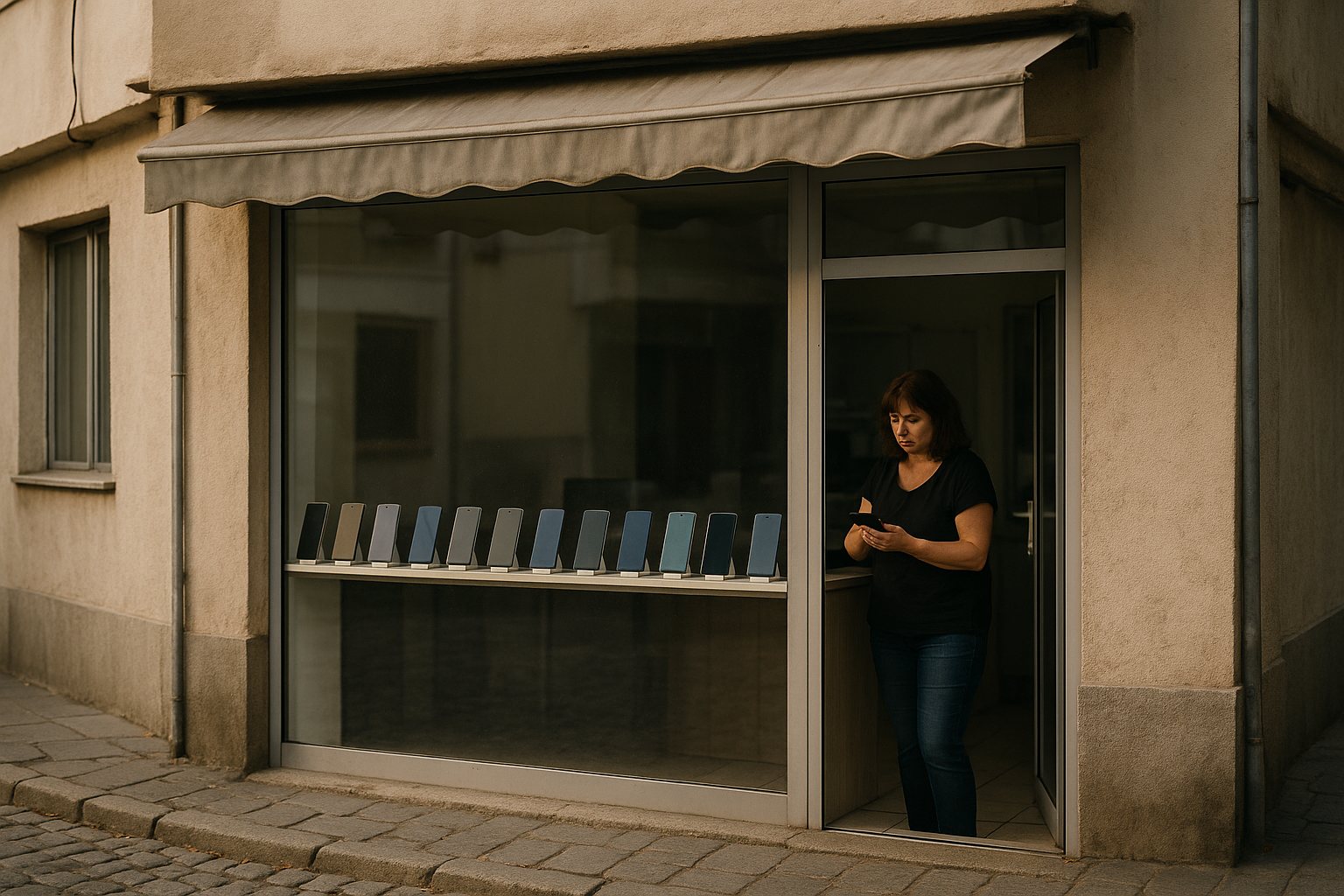 A Bulgarian high-street mobile-phone shop window in a Balkan city, smartphones on display behind glass, a customer at the counter inside