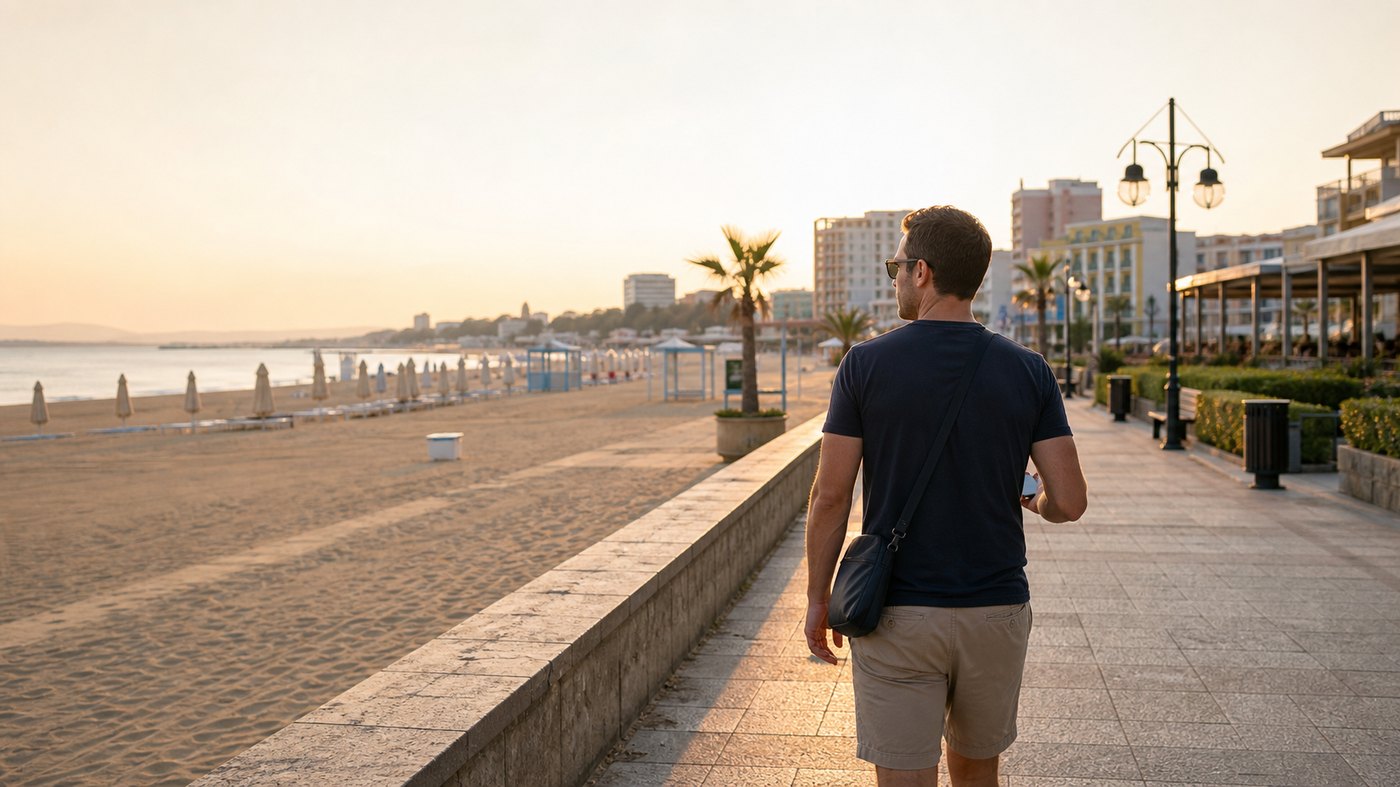 The Sunny Beach promenade at first light, looking south towards Old Nessebar