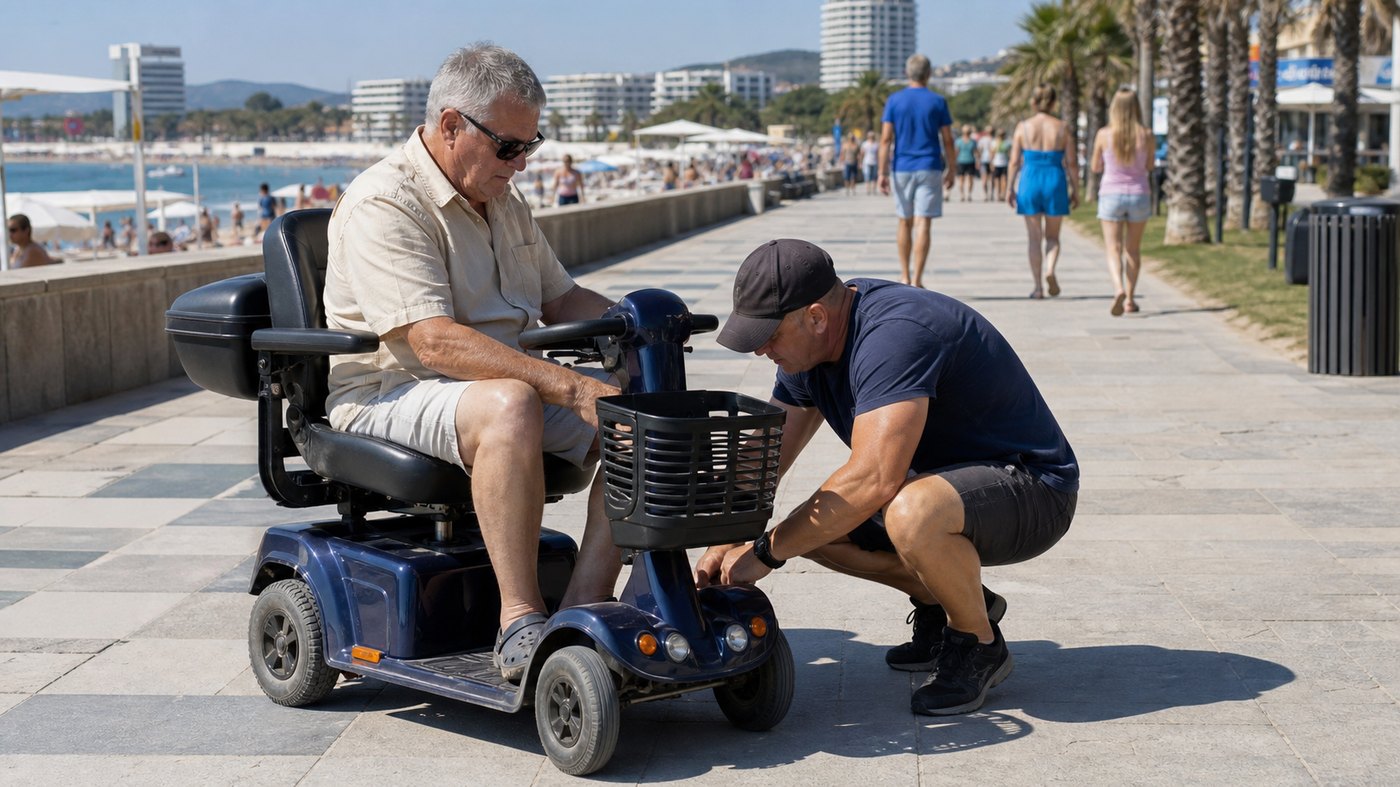 A mobility scooter on the Sunny Beach seafront promenade