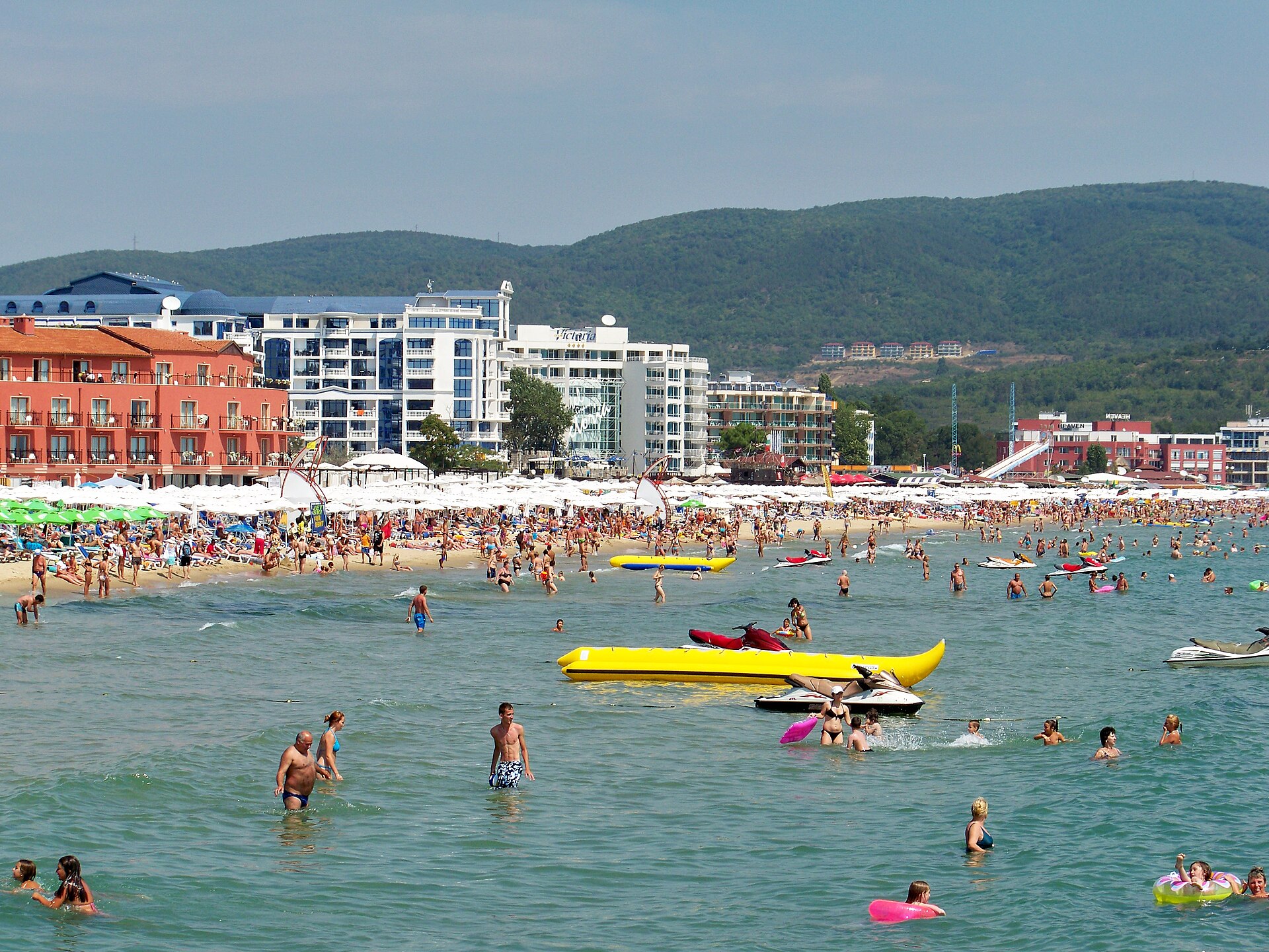 Aerial view of Sunny Beach, Bulgaria, showing the eight-kilometre golden-sand bay backed by hotels