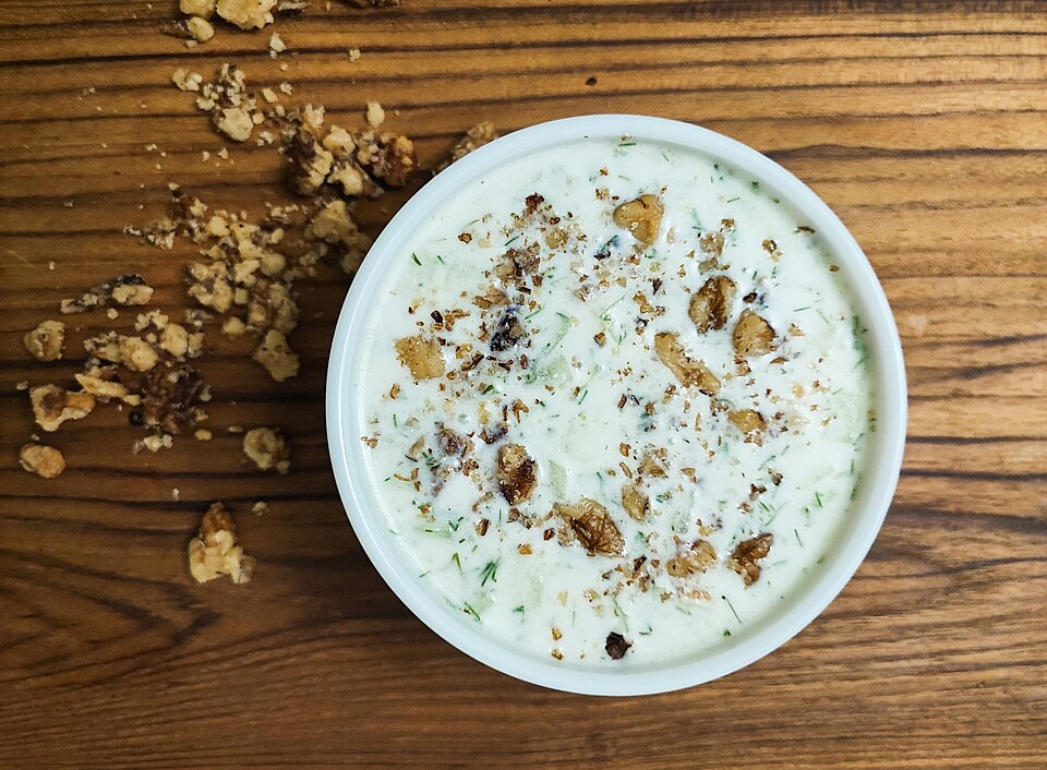 Tarator: cold yoghurt and cucumber soup with dill, walnuts and garlic