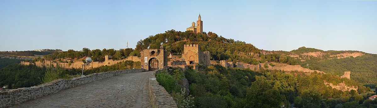 The medieval Tsarevets fortress at Veliko Tarnovo, perched on a steep cliff above a river bend, the historic capital of the Second Bulgarian Empire