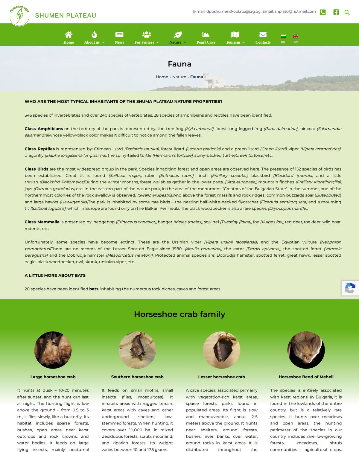 The official Shumen Plateau Nature Park fauna page listing Vipera ammodytes, wild boar and local species