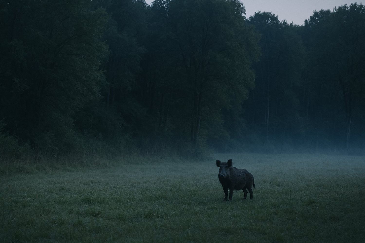 A single wild boar at the grassy edge of a forest at dusk, seen from a distance across a field